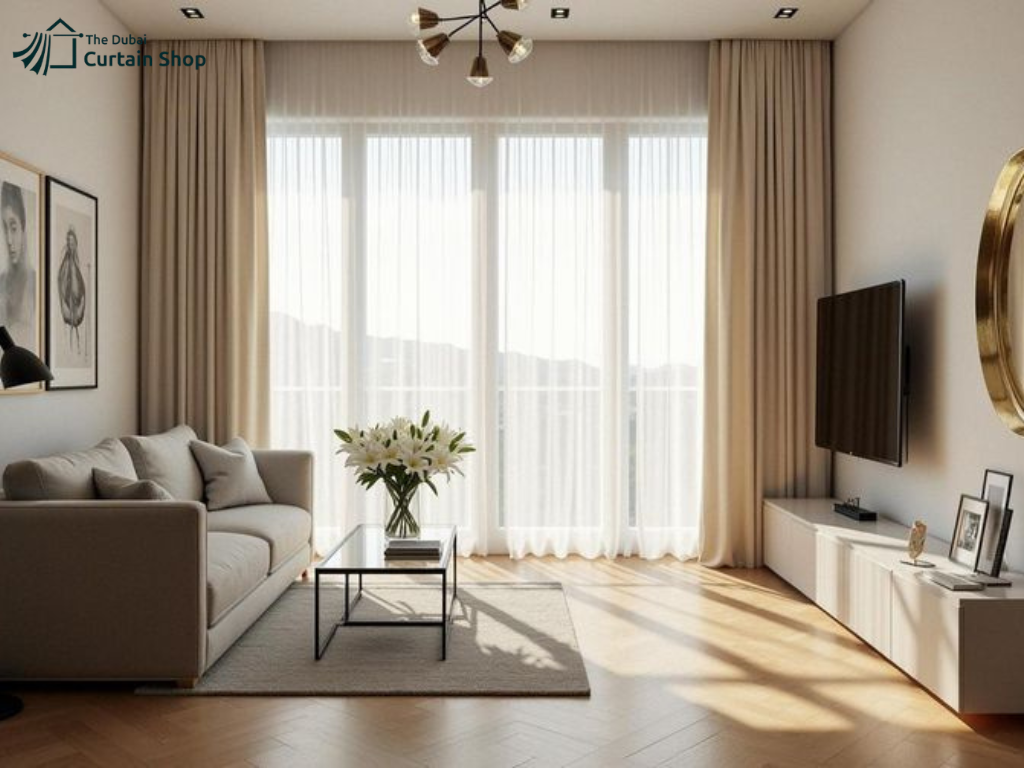 Elegant Living Room with Custom Curtains in Dubai Style Interior Elegant Living Room with Custom Curtains in Dubai Style Interior