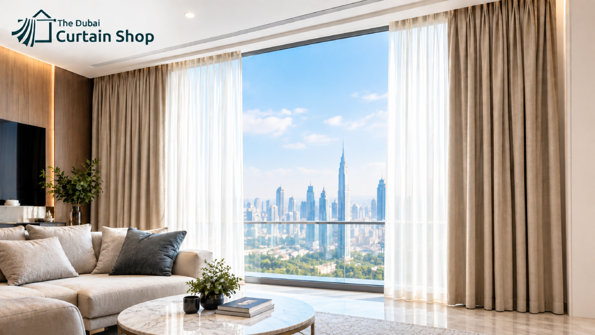 Motorized Curtains in Dubai: Are Smart Curtains Worth the Investment in 2026? 1 Smart curtains Dubai living room with sheer and heavy curtains controlled by a remote